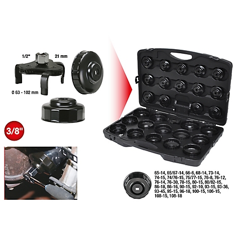 Verschiedene schwarze Ölabzieher und ein Werkzeugkoffer mit verschiedenen Größen. Im Bild sind auch Beschriftungen wie "3/8"", "1/2"" und Größenangaben zu sehen.